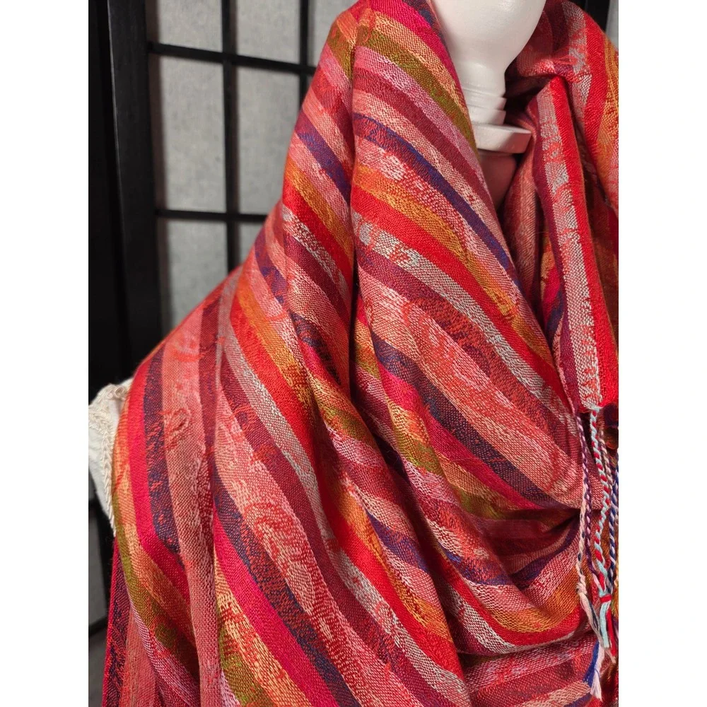 Pashmina‎ Silk Blend Striped Shawl Scarf Red Orange Pink Purple Fringe Wrap